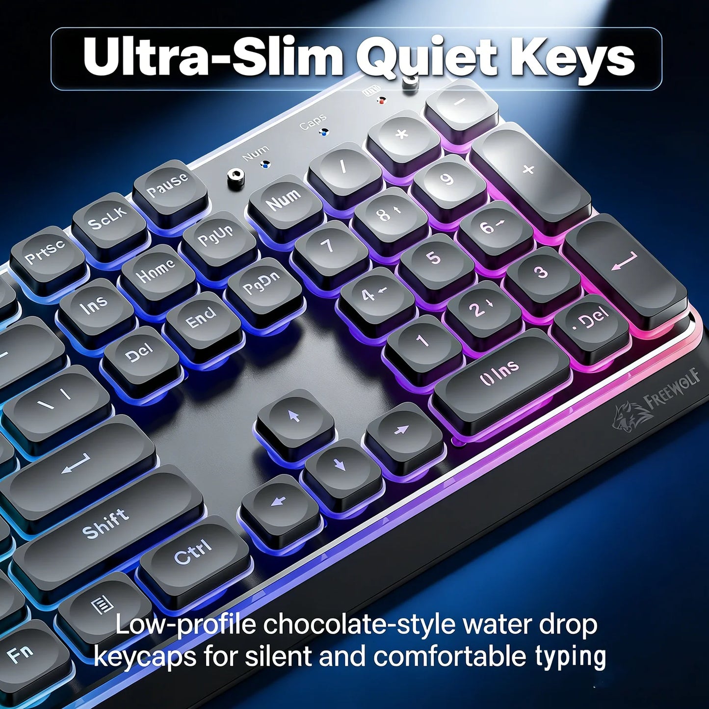 Freewolf M104 Tri-Mode Wireless Keyboard RGB 104 Keys Ultra Slim Quiet Membrane 4000mAh Large Battery for Office & Home