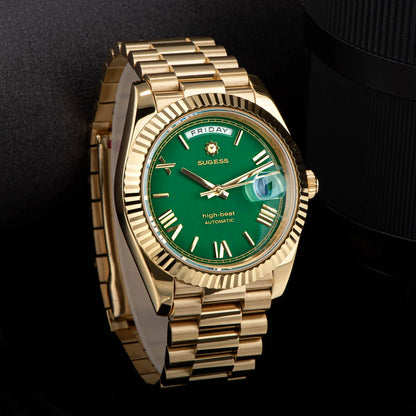 Sugess Watch Mens 40mm Date Day Automatic Dandong Peacock SL3034 Movement Retro Mechanical Wristwatch Sapphire Glass Golden New