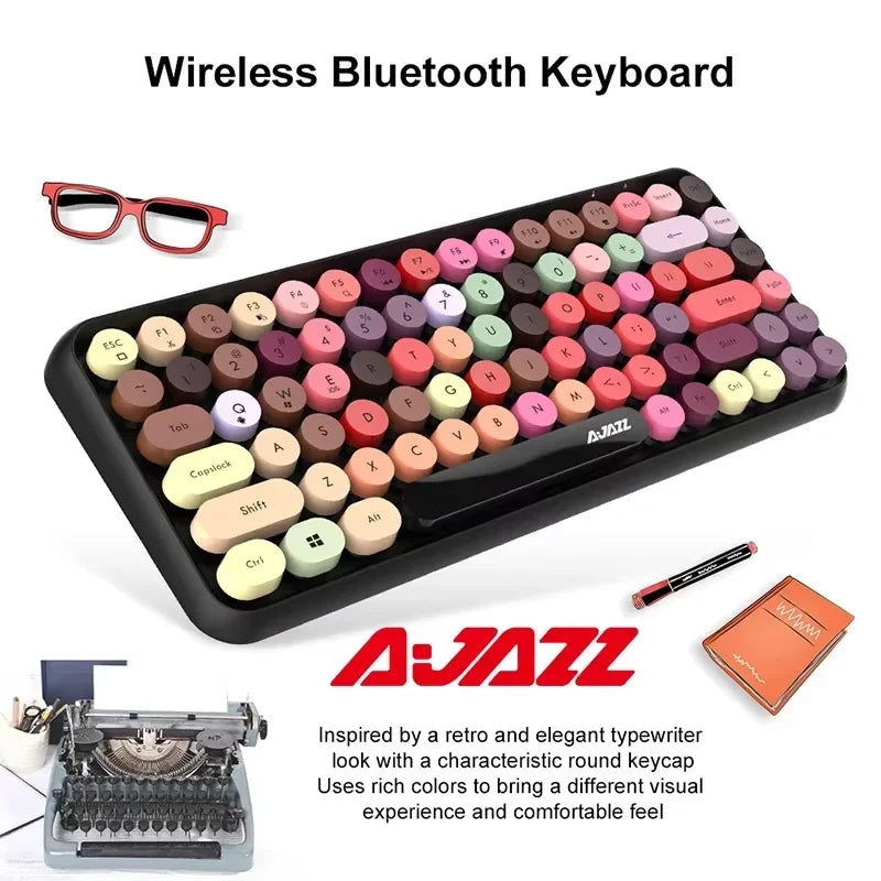 AJAZZ 308i Wireless Bluetooth Keyboard 84 Keys Rechargeable Retro Round Typewriter Keycaps, Portable Mechanical Keyboard