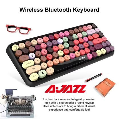 AJAZZ 308i Wireless Bluetooth Keyboard 84 Keys Rechargeable Retro Round Typewriter Keycaps, Portable Mechanical Keyboard