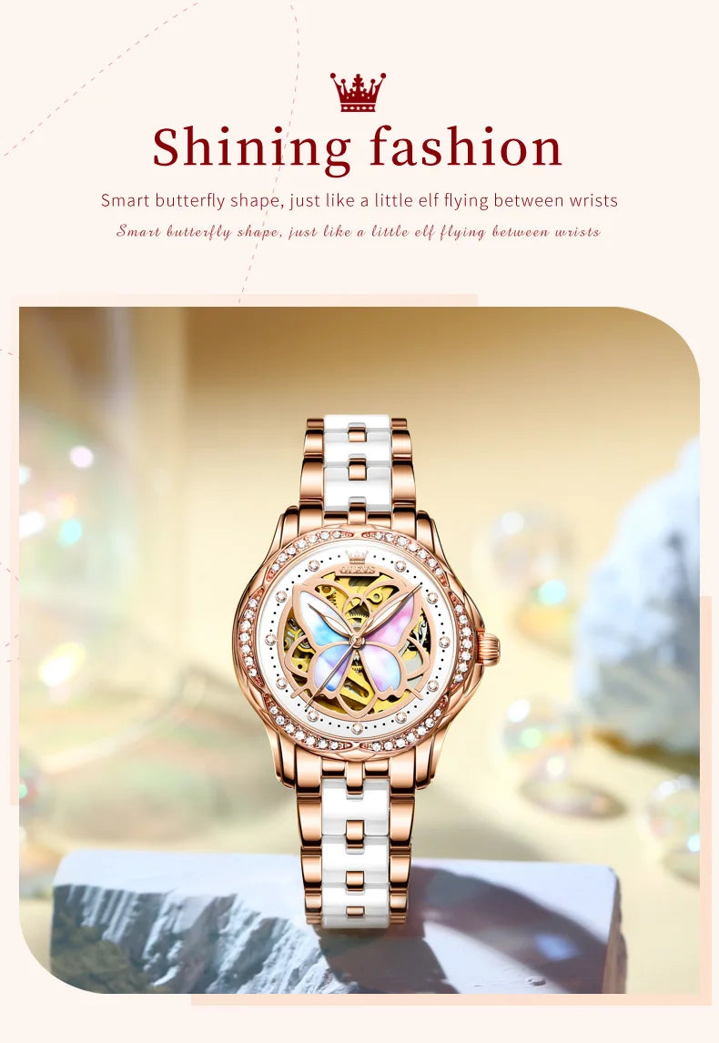 OLEVS 6615 Top Original Automatic Mechanical Wrist Watch for Women Luxury Elegant Diamond Hollow Colorful Butterfly Ladies Watch