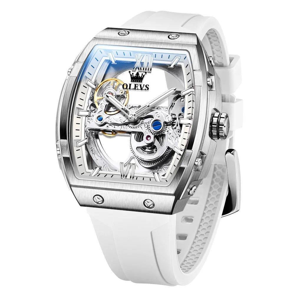  OLEVS Automatic Men Watch White Rubber Strap Mechanical Tourbillon Watches Men Luminous Watches Waterproof