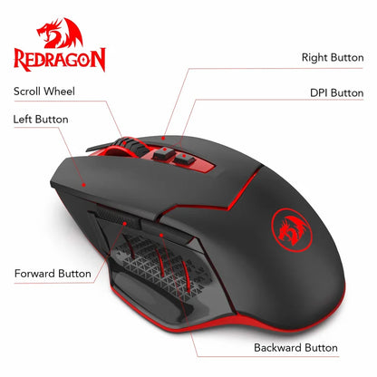 Rato Gaming Sem Fios Redragon M690-1 2.4Ghz com Mudança de DPI, 2 Botões Laterais, 2400 DPI, Design Ergonómico, 8 Botões - Preto
