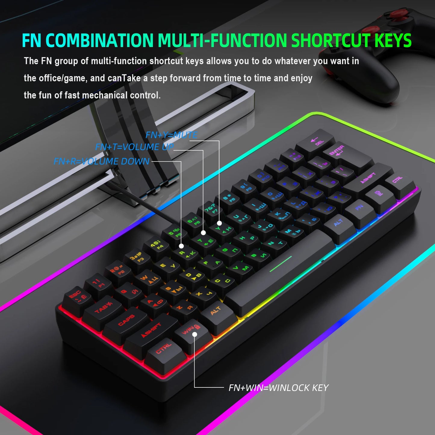 Gaming Keyboard, Russian/English RGB Backlit 61 Key Ultra-Compact Keyboard, Waterproof Mechanical Feeling Office Gaming Keyboards
