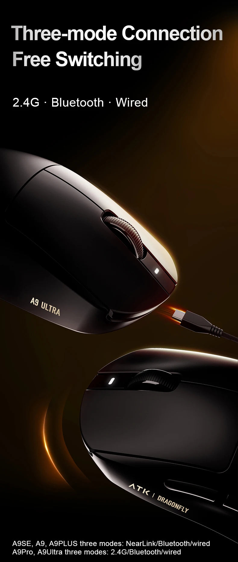 ATK Dragonfly A9 Ultra Wireless Gaming Mouse PAW3950, Tri-Mode 8K Gaming Mouse, Ultra-Lightweight Ergonomic Esports Mouse for FPS Gaming