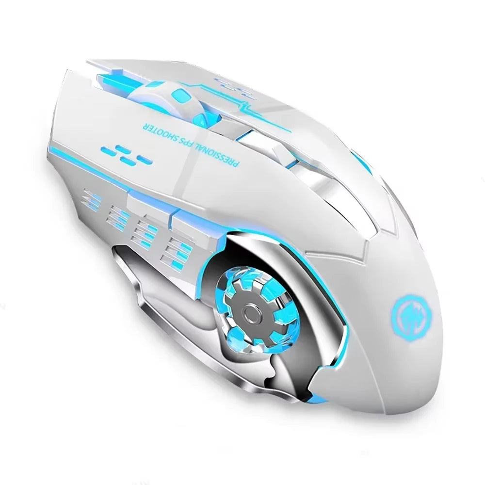 Rato Gaming Mecha Sem Fios Bluetooth 2.4G USB Recarregável Silencioso com Retroiluminação — Rato Ergonómico para Escritório e Acessórios de Jogo