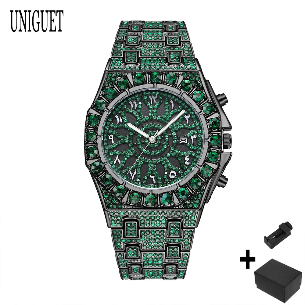 UNIGUET Hip Hop Wristwatch For Men Luxury lce Out Full Diamond Watches Fashion Green Watch Waterproof Clock Man 2026 Hot Sale