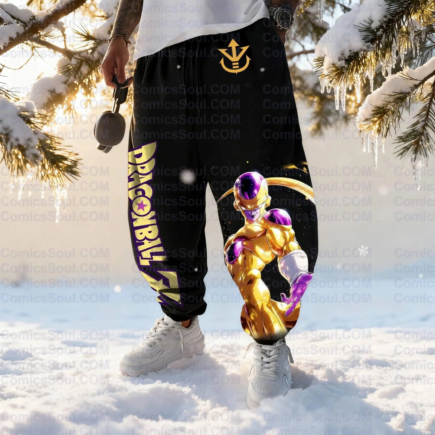 Dragon Ball Z Frieza Black Hoodie Set Golden Form Back Print Purple Energy Effect Cotton Sweatshirt with M Logo Design