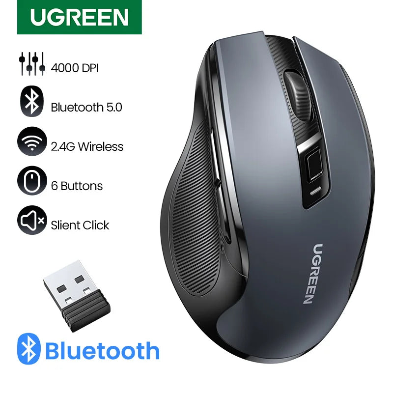 Mouse wireless UGREEN Bluetooth 5.0 ergonomico 4000DPI con 6 pulsanti silenziosi per MacBook, tablet, laptop, computer e PC, mouse 2.4G