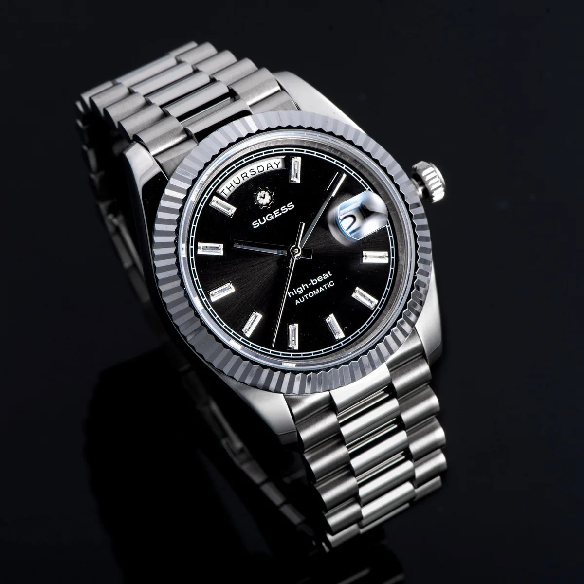 Sugess Watch Mens 40mm Date Day Automatic Dandong Peacock SL3034 Movement Retro Mechanical Wristwatch Sapphire Glass Golden New
