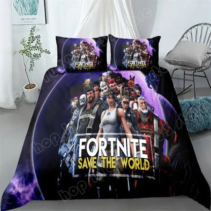 Set de lenjerie de pat Fortnite, 3 piese, imprimare 3D, lenjerii pentru dormitor, joc, desen animat, lenjerie decorativă, husă de pilotă, față de pernă, cadou de ziua de naștere