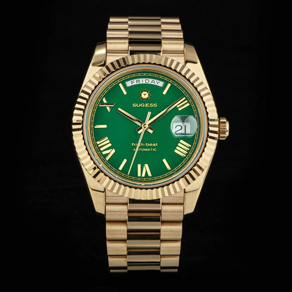 Sugess Watch Mens 40mm Date Day Automatic Dandong Peacock SL3034 Movement Retro Mechanical Wristwatch Sapphire Glass Golden New