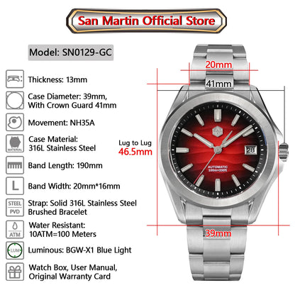 San Martin New Gada Watch 39mm Desert Texture Men Dress Watch NH35 Automatic Mechanical Sapphire Waterproof 100m Luminous SN0129
