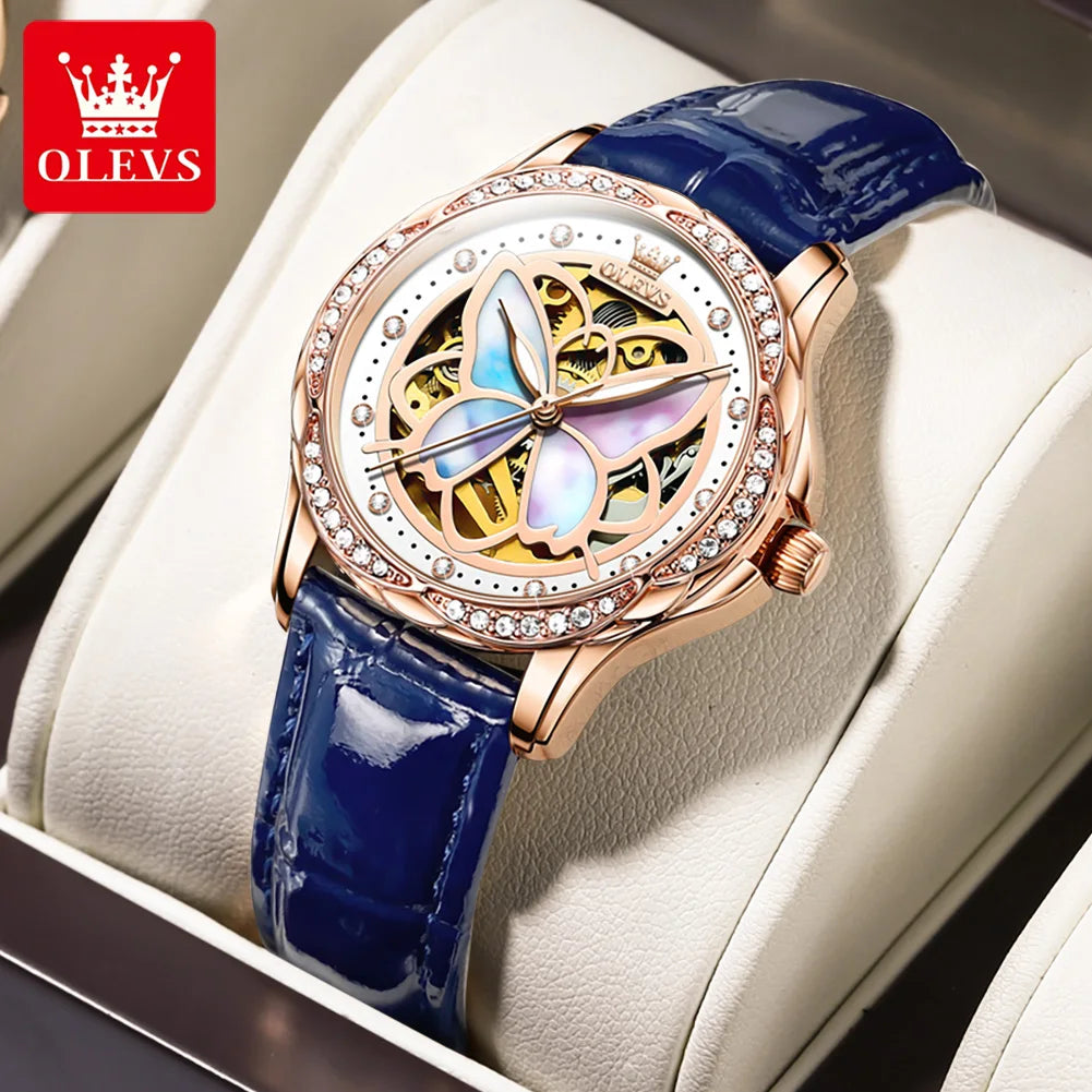 OLEVS 6615 Top Original Automatic Mechanical Wrist Watch for Women Luxury Elegant Diamond Hollow Colorful Butterfly Ladies Watch