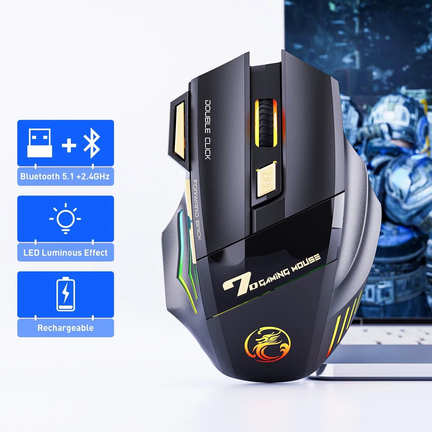 Rato Gaming Sem Fios USB IMICE GW-X7 3200DPI Modo Duplo Recarregável 7 Teclas 2.4Ghz Rato Silencioso Bluetooth LED Respirante de 7 Cores