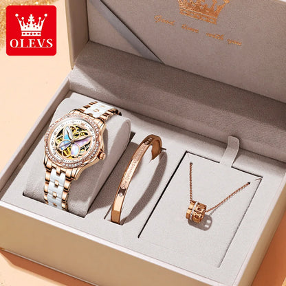 OLEVS 6615 Top Original Automatic Mechanical Wrist Watch for Women Luxury Elegant Diamond Hollow Colorful Butterfly Ladies Watch