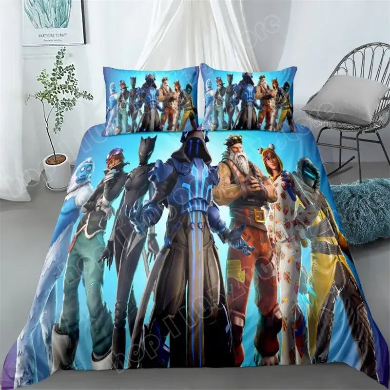 Set de lenjerie de pat Fortnite, 3 piese, imprimare 3D, lenjerii pentru dormitor, joc, desen animat, lenjerie decorativă, husă de pilotă, față de pernă, cadou de ziua de naștere