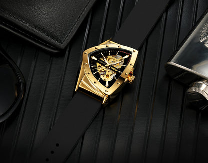 WINNER High Quality Watch for Men Triangle Steel Skeleton Mechanical Automatic Movement Clockwork Waterproof Rubber strap Wrist