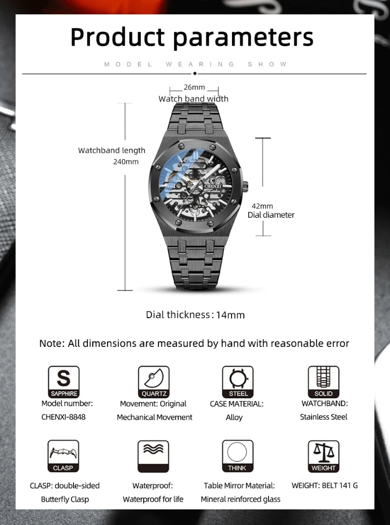 CHENXI Automatic Mens Watches Waterproof Business Stainless Steel Sport Mens Watches Top Brand Mechanical Tourbillon Wrist Watch