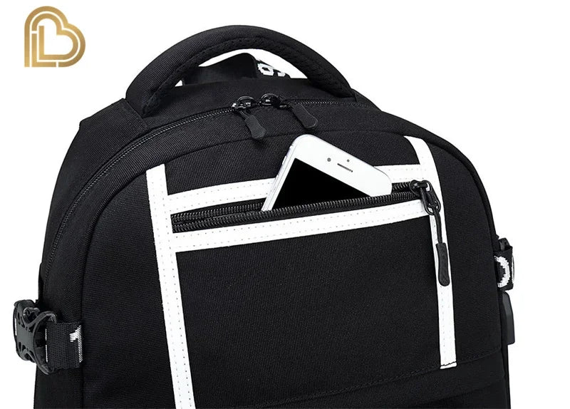 Mochila Yule Trooper F-Fortnited Battle Royale com carregamento USB, figuras anime e compartimento para material escolar para estudantes