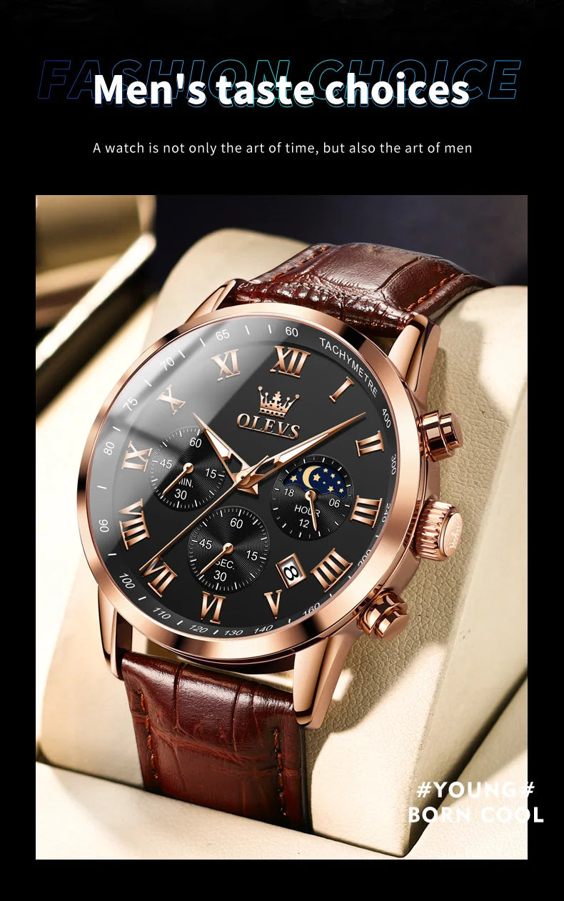 Relógio de Homem OLEVS 5529 de Marca Top Luxury, Impermeável, Luminoso, em Aço Inoxidável, com Fase Lunar e Código de Temporização, Novo Relógio de Quartzo para Homem