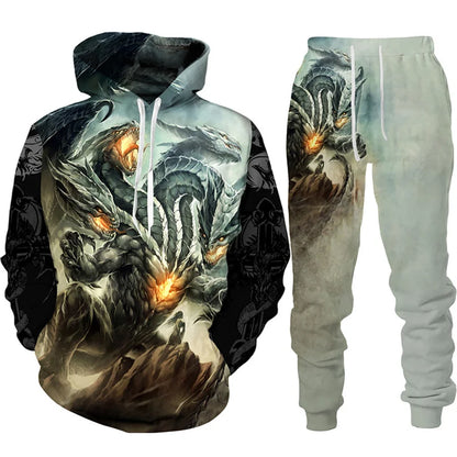 Conjunto de fato de treino para homem e mulher com estampado 3D de dragão retro tatuado, hoodie casual + calças, conjunto de 2 peças, sweatshirt oversized, moda masculina