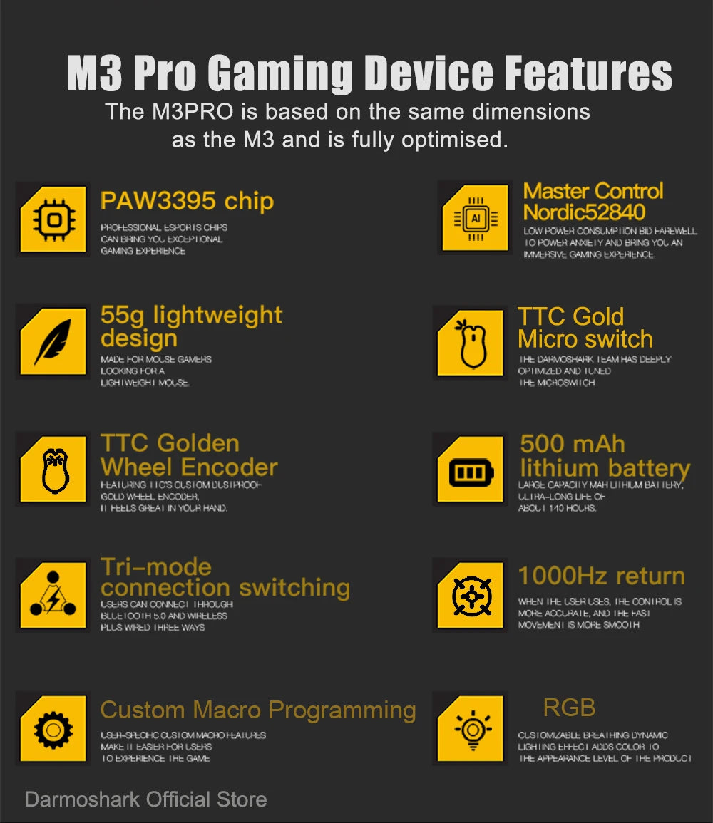 Darmoshark M3Pro Gaming-Maus 2.4G BT kabellos Tri-Mode PAW3395 Sensor N52840 26000DPI für große Hände mit Makro-Treiber – Maus für Gaming