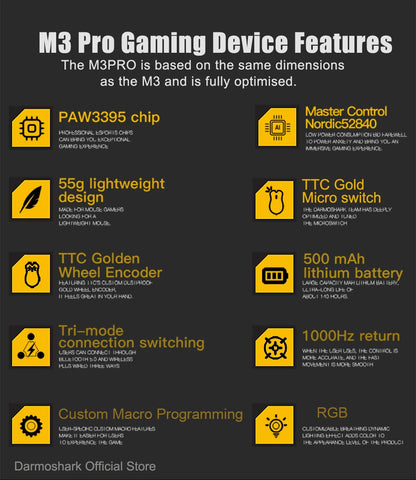 Darmoshark M3Pro Gaming-Maus 2.4G BT kabellos Tri-Mode PAW3395 Sensor N52840 26000DPI für große Hände mit Makro-Treiber – Maus für Gaming