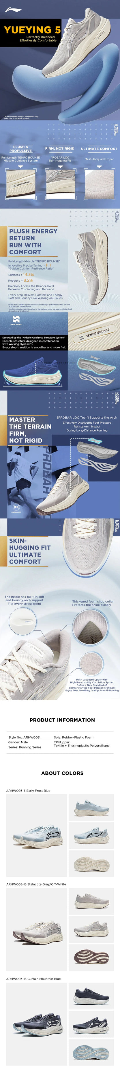 Li-Ning Men's YUEYING 5 Optimized Cushion Running Shoes with Wide Toe Box TEMPO BOUNSE Reflective LiNing Sneaker ARHV015 ARHW003