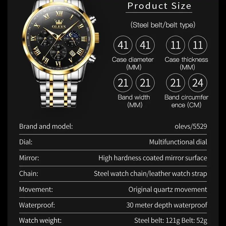 Relógio de Homem OLEVS 5529 de Marca Top Luxury, Impermeável, Luminoso, em Aço Inoxidável, com Fase Lunar e Código de Temporização, Novo Relógio de Quartzo para Homem