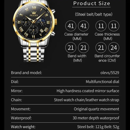 Relógio de Homem OLEVS 5529 de Marca Top Luxury, Impermeável, Luminoso, em Aço Inoxidável, com Fase Lunar e Código de Temporização, Novo Relógio de Quartzo para Homem