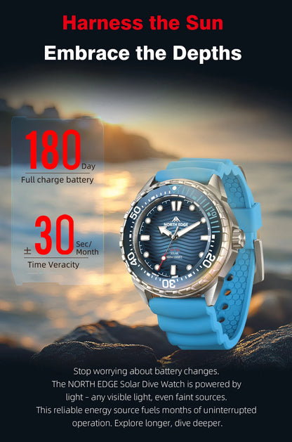 2025 New  NORTH EDGE TRITON Solar Powered Dive Watch Men Luxury Quartz Watches For Men 316L Stainless Steel Case Waterproof 300M