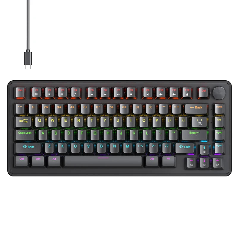 75% Mechanical Keyboard Wired with Media Knob, APAYADO Black Gaming Keyboard, Hot-Swap, ABS Cap Transparent Character Backlighting