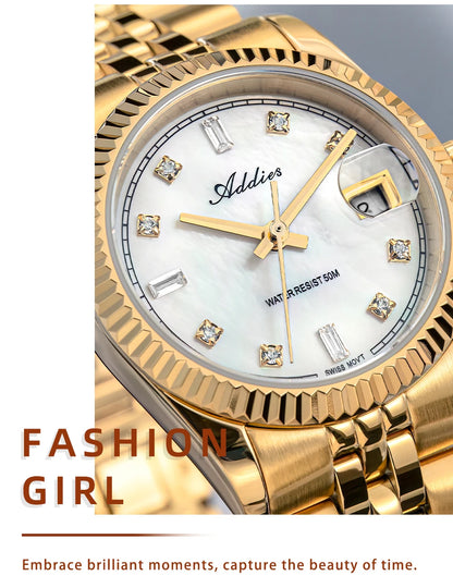 ADDIES New Luxury Women's Watches 28mm Sapphire Glass 50m Waterproof 316L Stainless Steel Business Quartz Wristwatch For Woman