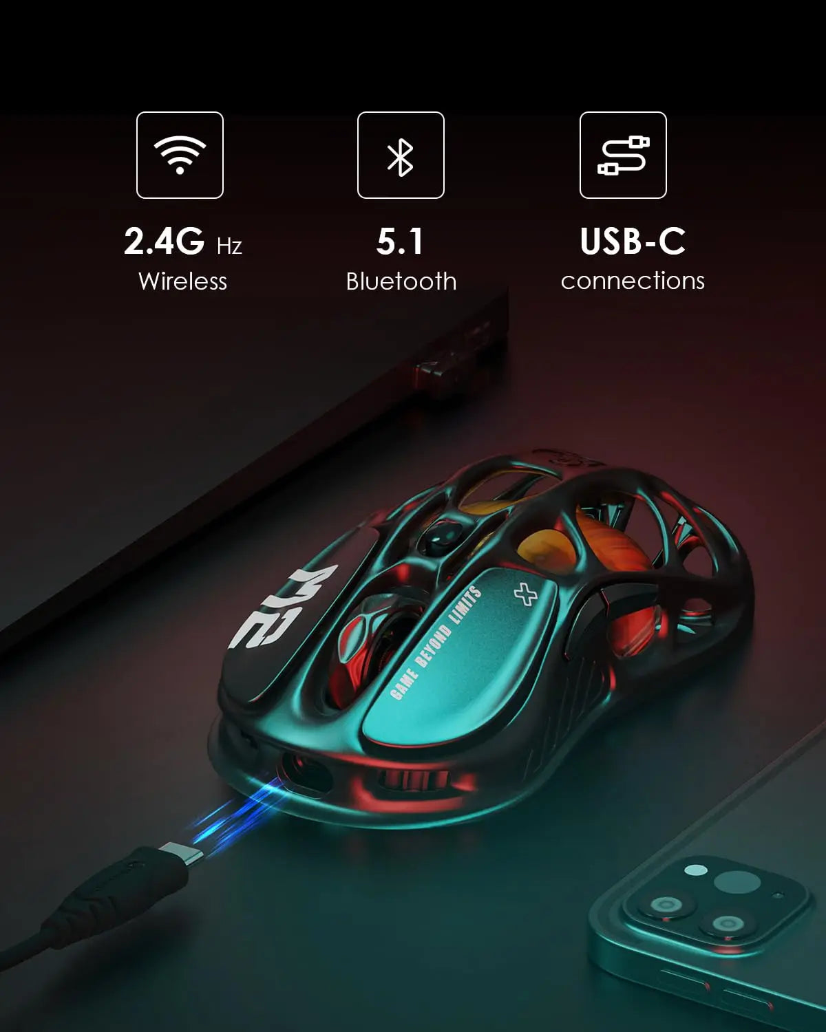 Rato Gaming Sem Fios GravaStar Mercury M2 com 26,000 DPI, Sensor PAW3395DM - Design Vazado Leve de 79g - 5 Programáveis