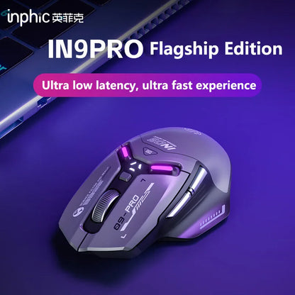 Mouse da gaming wireless Inphic IN9PRO 26000DPI 8K Polling Rate Bluetooth 5.0 cablato 2.4G tri-mode RGB ergonomico