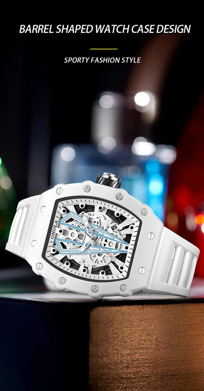 Gift Box Watches for Man ONOLA 3826W Trend White Men Watch Tonneau Calendar Waterproof Silicone Strap Relogios Masculino