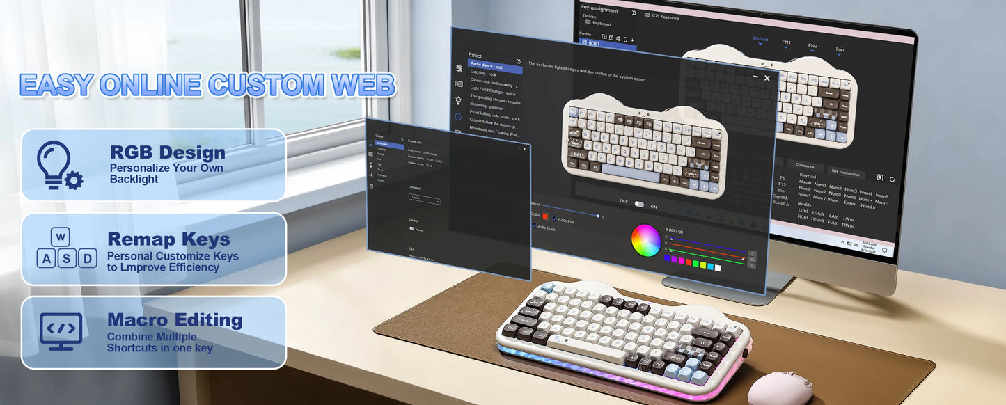 Teclado mecânico sem fios YUNZII C75, 75% cremoso com Hot Swap e RGB personalizável, design Gasket Cute Cake, para Win/Mac/Gaming