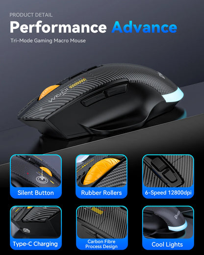 Rato Gaming Sem Fios Bluetooth, 12800 DPI, Rato RGB com Fio/Sem Fios com 7 Botões Programáveis, para PC e Portátil, Gaming
