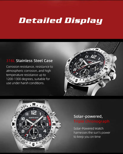 NORTH EDGE 2024 MACH 2 Men's Watches Solar Power 316 stainless steel Case Quartz Watch For Men Pilot Waterproof 50M Stopwatch