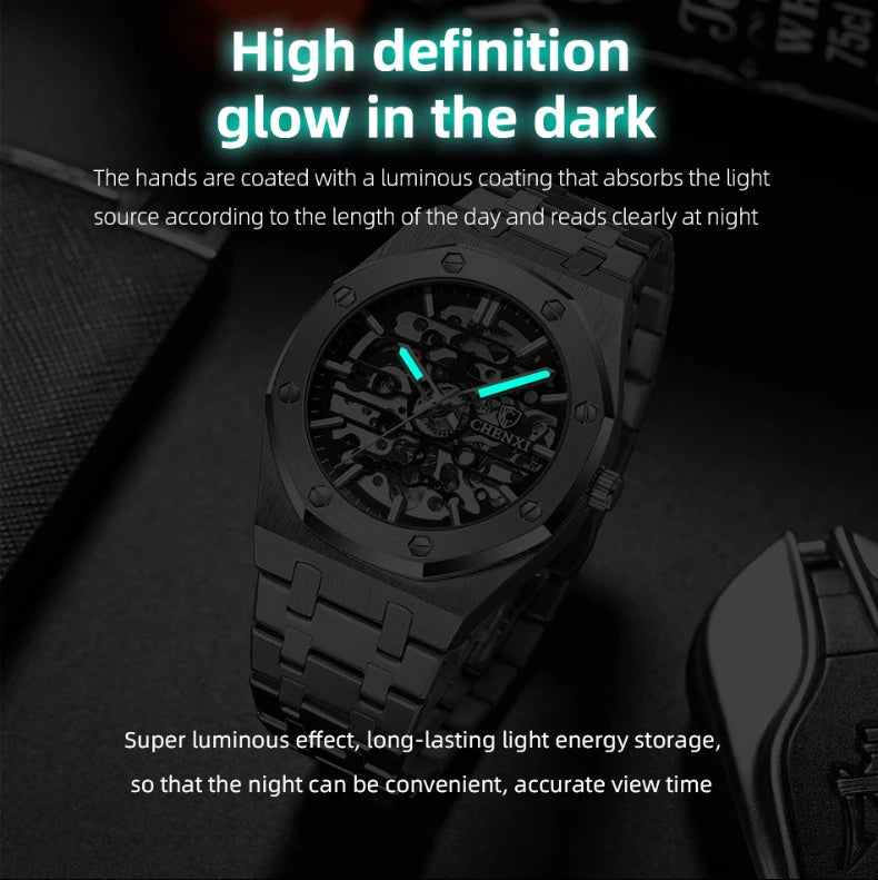 CHENXI Automatic Mens Watches Waterproof Business Stainless Steel Sport Mens Watches Top Brand Mechanical Tourbillon Wrist Watch