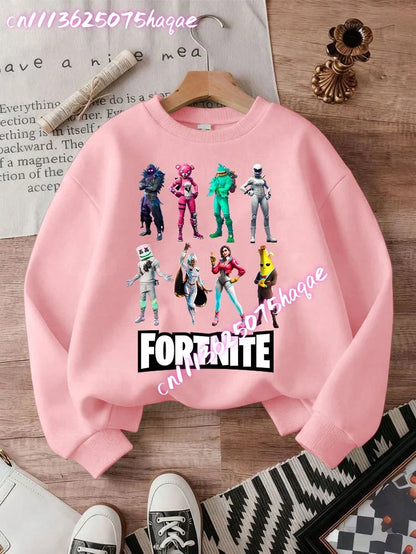 Sweat-shirts Fortnite novos para criança, hoodie com estampado de personagens de jogo em estilo cartoon, tops casuais de outono para criança, roupa de inverno para bebé menino