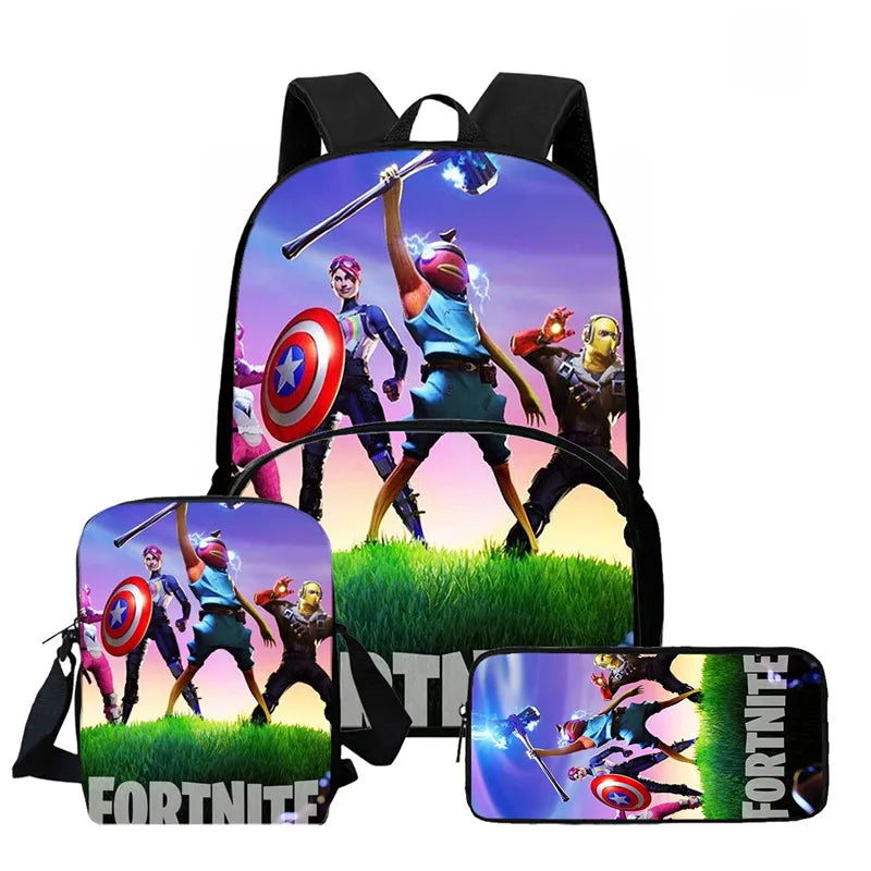 Conjunto de Mochila Fortnite Cartoon de 3 Peças Unissexo para Rapazes e Raparigas, Mochila com Bolso Frontal, Mala a Tiracolo e Estojo, Presente Ideal
