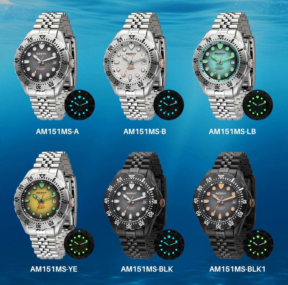 BERNY Automatic Diver Watch for Men Frosted Dial MIYOTA 8215 316L Supper Luminous Sapphire AR Fluororubber Men's Diving Watches