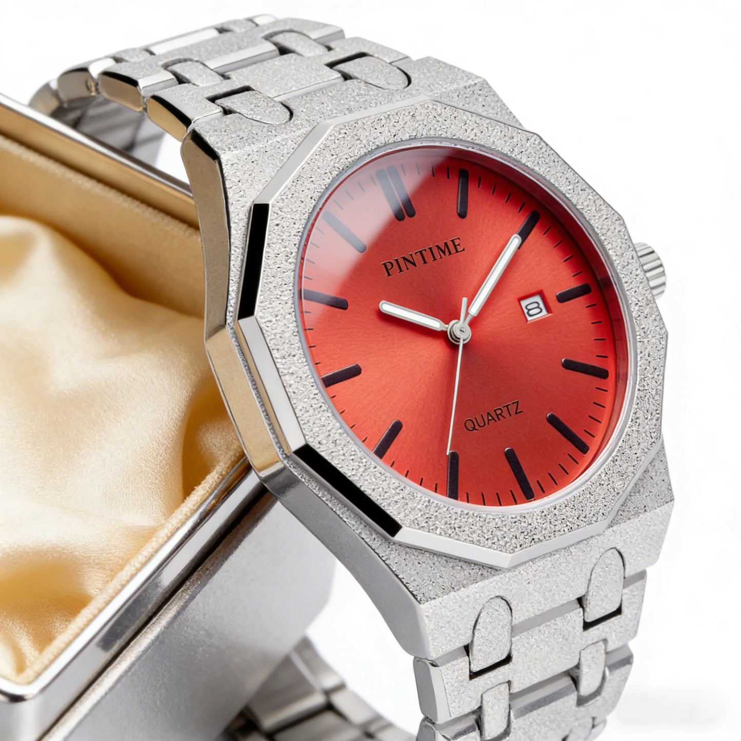 Octagon Wristwatch Glitter Textured Case Purple Dial Date Display Quartz Watch Unisex Stylish Trendy Casual Fashion Watch