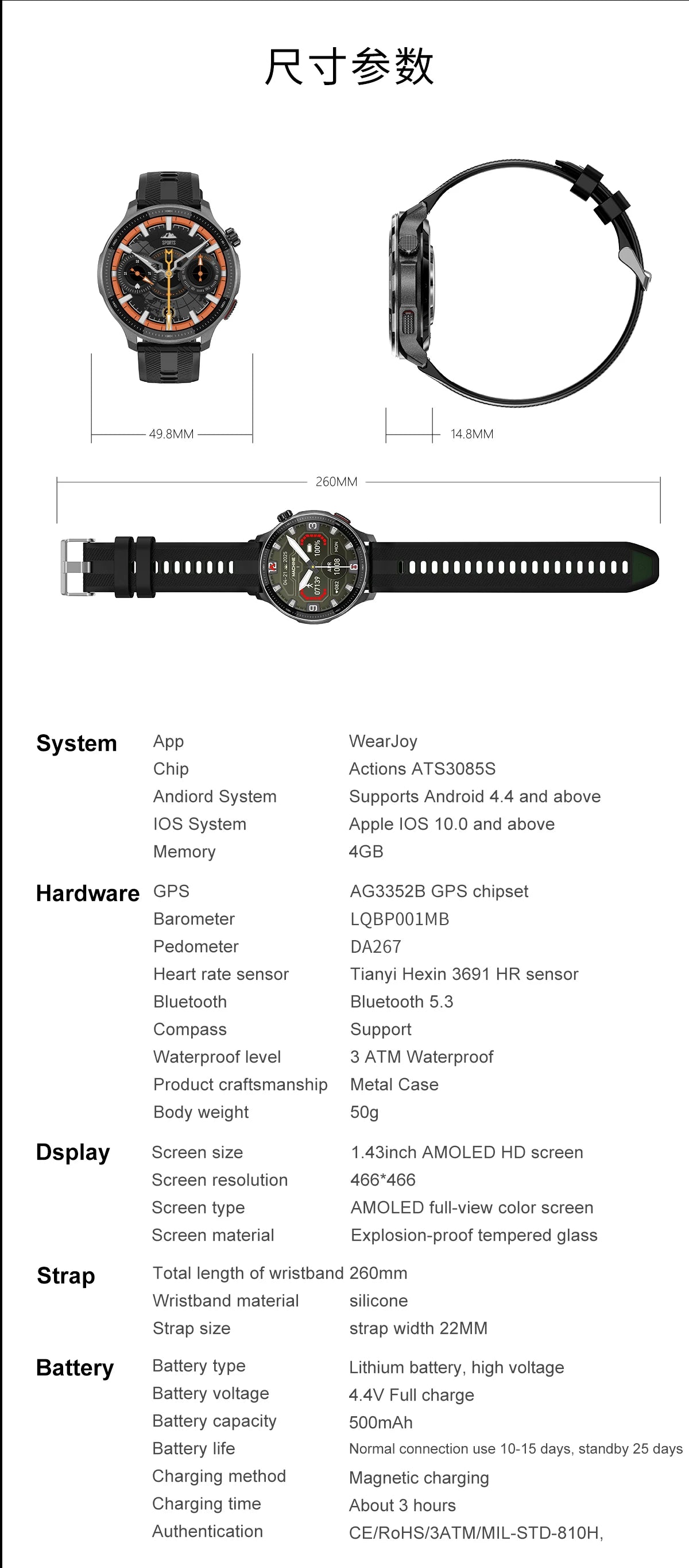 New GPS Offline Maps Smart Watch Men Memory 3D Menu Styles TWS MP3&MP4 Player 1.43"AMOLED Compass Sport Swim Waterproof Bracelet