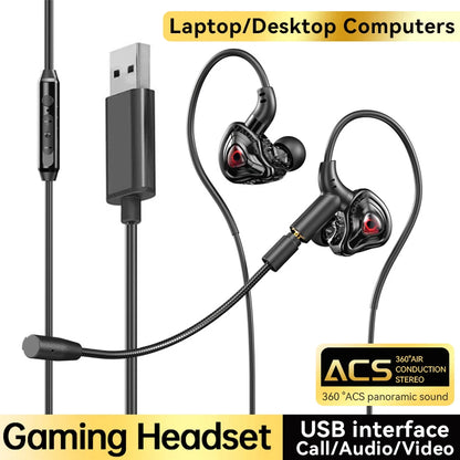 3.5mm/Type-C/USB E-sports Gaming Headset 360° Surround Sound, HiFi Stereo Wired Headphone in-ear dual Mic, PUBG Gaming Earphone