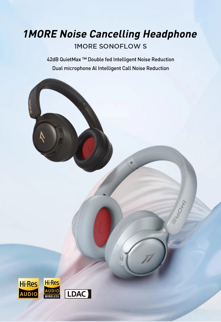 Auscultadores 1MORE SonoFlow S Bluetooth Sem Fios com Cancelamento de Ruído 42dB ANC, Áudio Hi-Res, Autonomia de 90H, Over-Ear