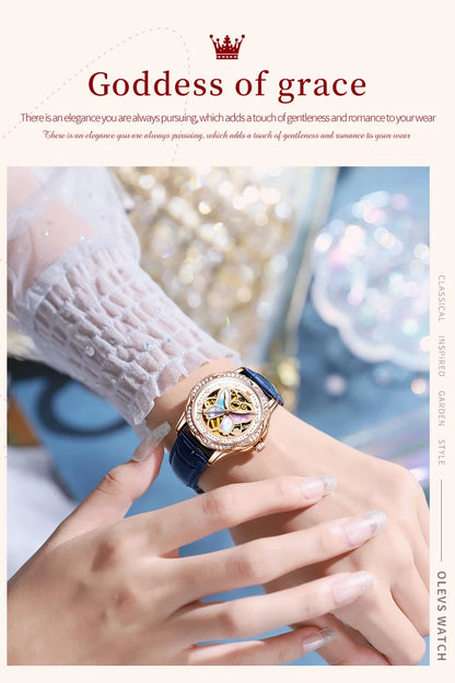 OLEVS 6615 Top Original Automatic Mechanical Wrist Watch for Women Luxury Elegant Diamond Hollow Colorful Butterfly Ladies Watch