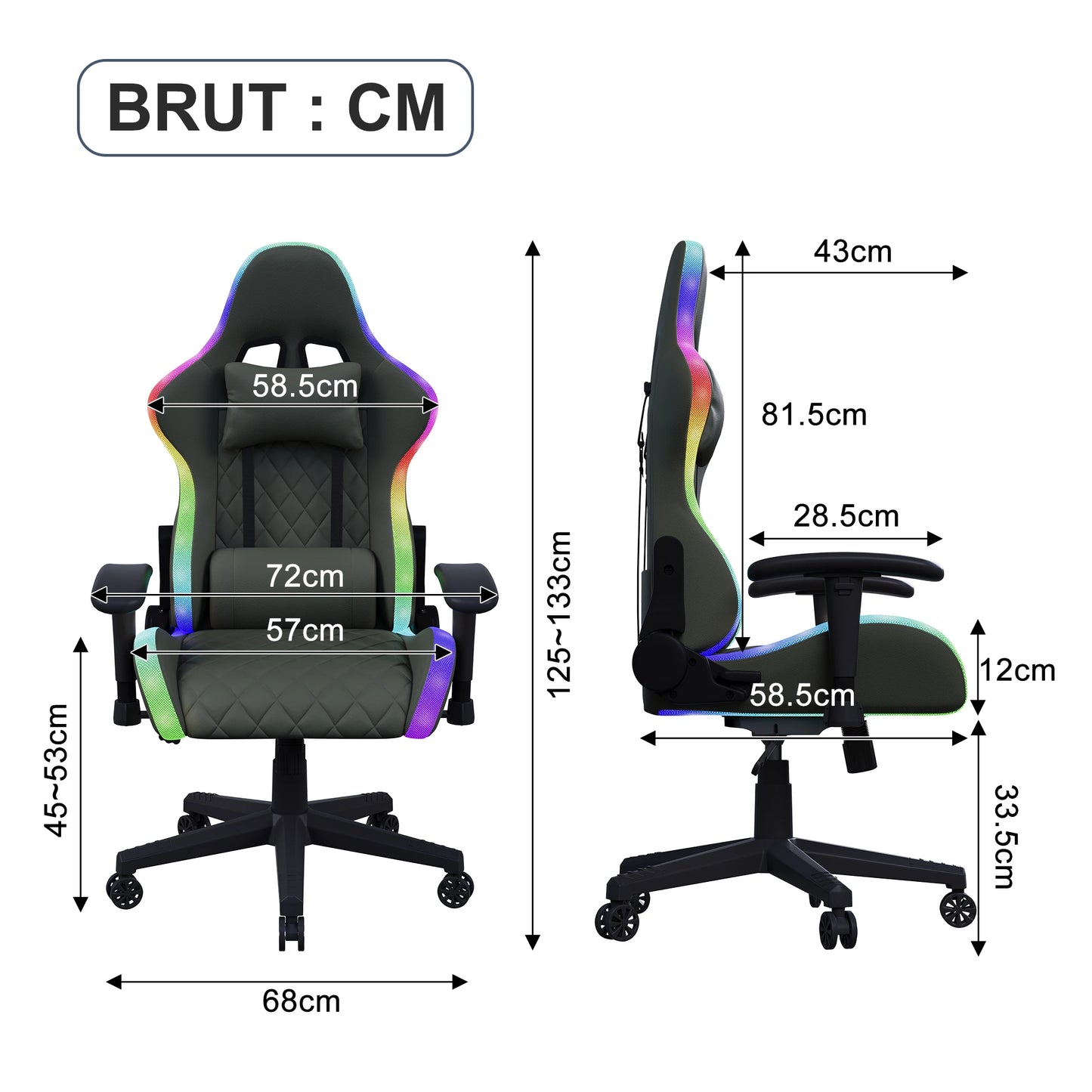 Gaming Chair with Massage Function, Adjustable Backrest, Computer Chair, with Ambient Light, Lumbar Cushion, Pillow, 150 KG
